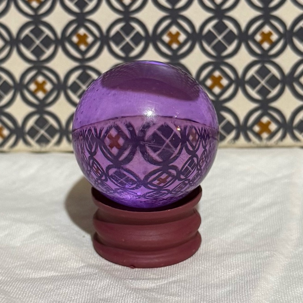 Purple Glass healing sphere with stand pretty